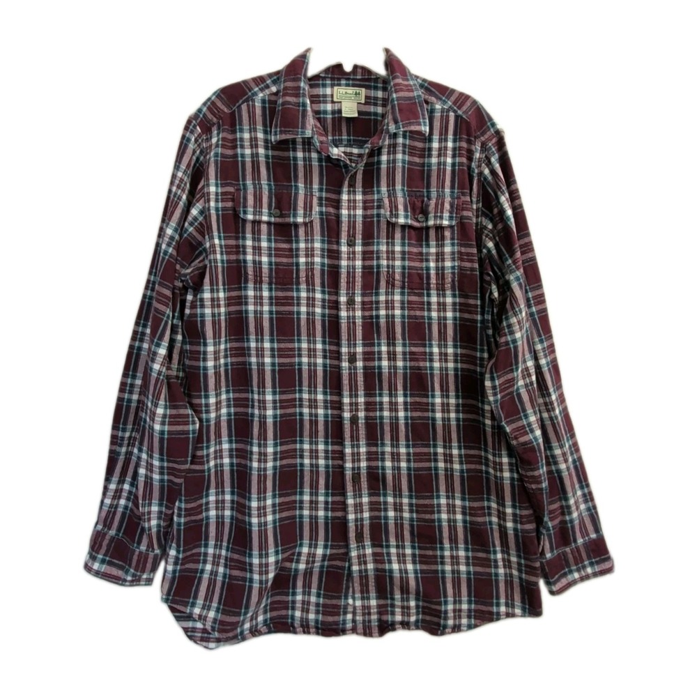 LL Bean Flannel Shirt Mens L Tall Burgundy Plaid Long Sleeve Outdoor Cabin